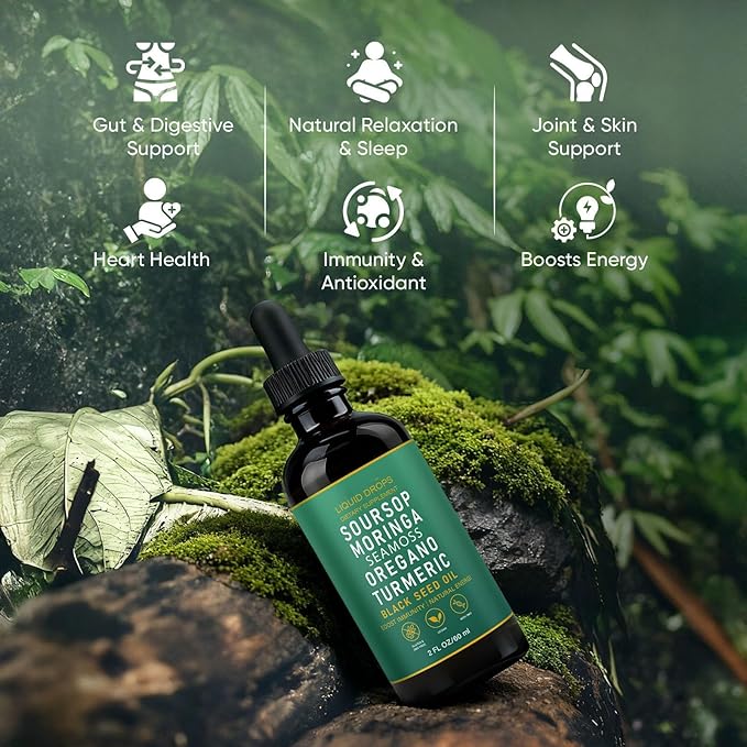 Soursop Bitters Liquid Drops with Sea Moss Moringa Turmeric Oil Black Seed Oil Oregano for Overall Health Joint Support (1)