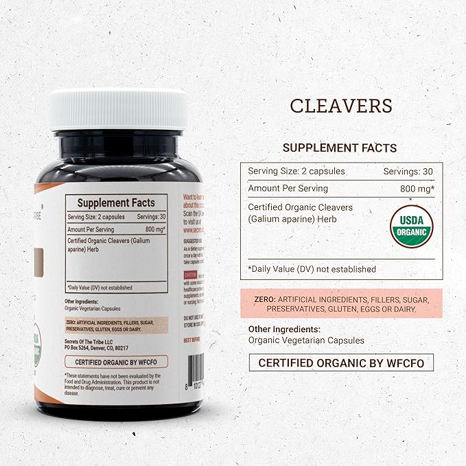 Secrets of the Tribe Cleavers USDA Organic 60 Capsules | Made with Vegetarian Capsules and Certified Organic Cleavers (Galium aparine) Dried Herb (60 Capsules)