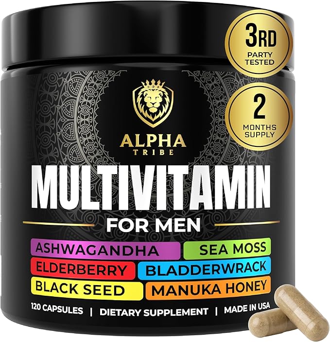 Alpha Tribe Multivitamin for Men with Sea Moss Black Seed Oil Ashwagandha Turmeric Bladderwrack BurdockVitamin C Elderberry Manuka Yellow Dock | Daily Men's Vitamins and Minerals Supplement
