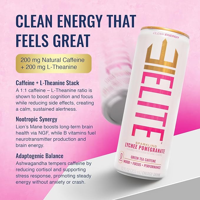 ELITE Energy – Sugar Free Energy Drinks – Clean Green Tea Caffeine with L-Theanine – Zero Sugar 10 Calories Naturally Sweetened Functional Energy – Focus &amp Performance – 12 Pack – Lychee Pomegra