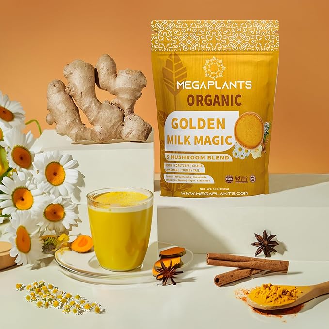 Golden Milk Magic – Adaptogenic Mushroom Golden Milk for Deep Sleep &amp Relaxation – Turmeric &amp Ashwagandha Blend for Calm Nights – Caffeine-Free Multi-Purpose Wellness Drink – 30 Servings