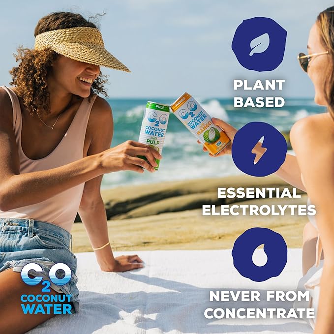 C2O - Coconut Water with Pulp (12 Pack) - Made with Fresh Coconut Water - Plant Based - Non GMO - Canned Water - Natural Hydration Essential Electrolytes &amp Potassium - 12 Cans 17.5 FL OZ