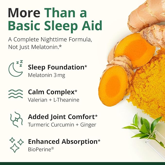 Melatonin 3mg Sleep Aid with L-Theanine &amp Valerian Root – Turmeric Curcumin Supplement with Ginger &amp Black Pepper – Organic Turmeric Supplement for Sleep Calm and Stress Relief Support – 60 C