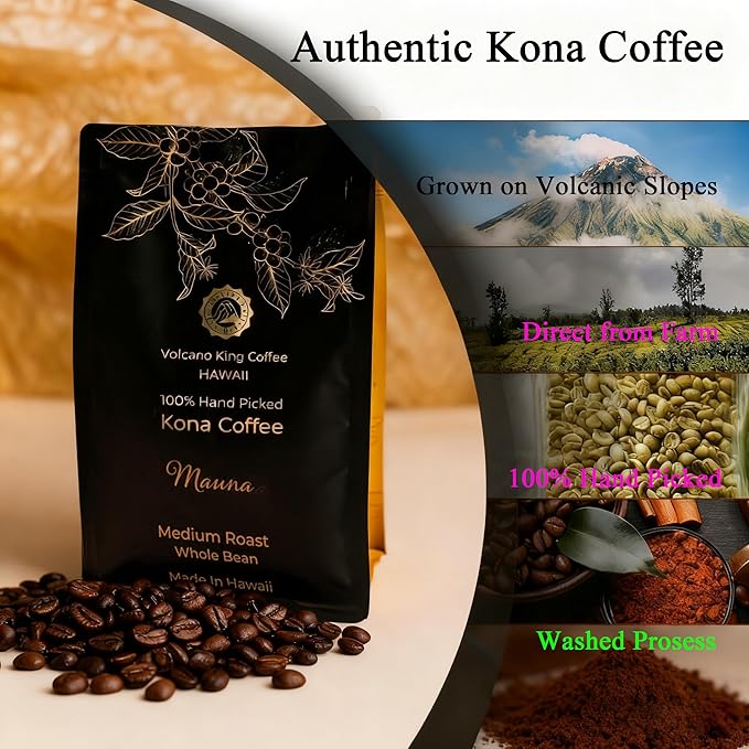 Hawaiian Kona Coffee Whole Bean Single Origin Fancy Grade Medium Roast 100% Hand Picked from Our Coffee Estate in Hawaii(Mauna 7 oz)