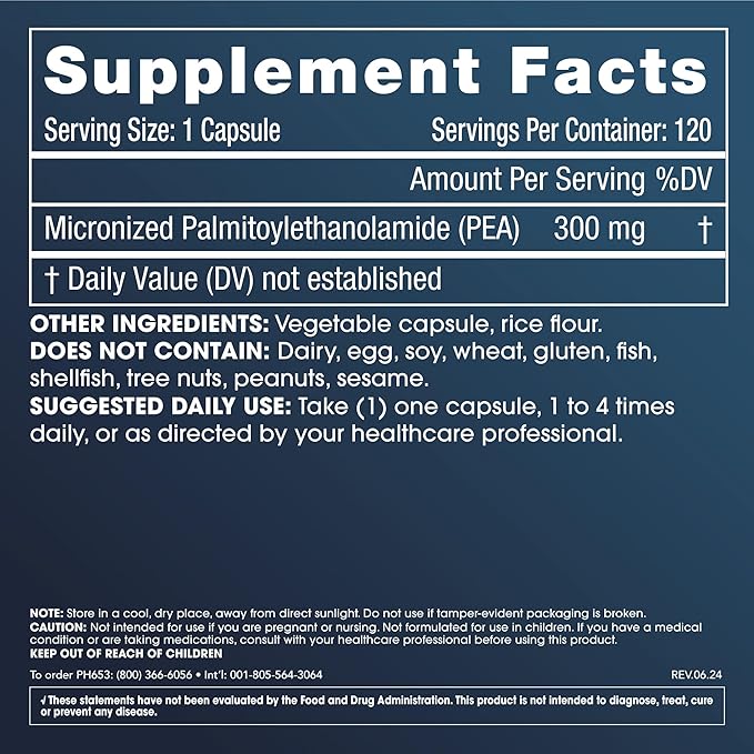 Pure Micronized P.E.A. or Palmitoylethanolamide | Temporarily Relieves Minor Aches | Superior Absorption | Supports Sleep and Longevity | Third-Party Tested | 300 mg per Capsule 120 Capsules