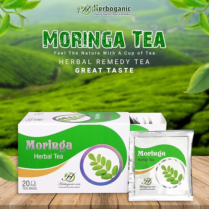 HERBOGANIC Moringa Herbal Tea - Digestion Support and Immune Boost | Refreshing and Delicious Blend | Natural Ingredients | 60 Tea Bags