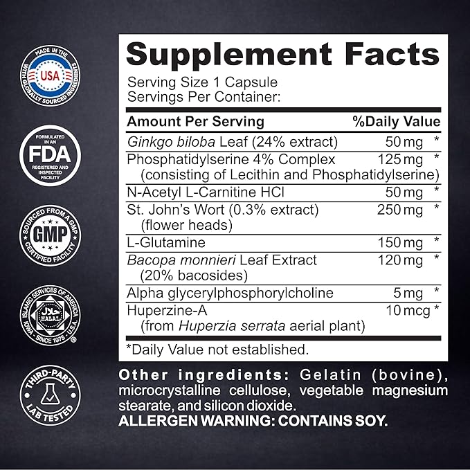 Brain Neuro Matrix – Memory &amp Focus Nootropic with Ginkgo Biloba &amp Huperzine A – Caffeine-Free Vegan Brain Supplement for Clarity Focus &amp Mood – 90 Capsules (3-Month Supply)