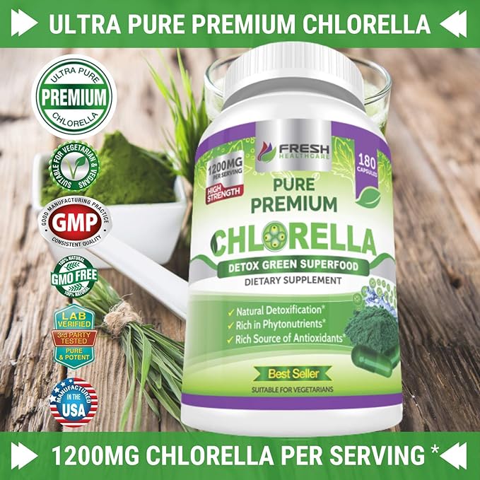 FRESH HEALTHCARE Premium Chlorella Supplement 1200mg Pure Vegan Powder Capsules 180 Chlorophyll and CFG Pills Natural Detox Superfood Naturally Contains B Vitamins and Minerals
