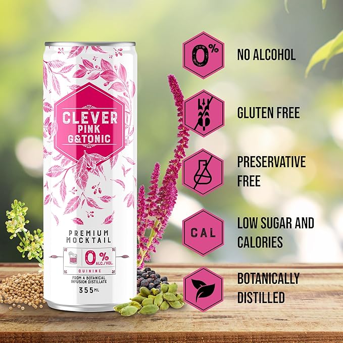CLEVER - Pink G &amp Tonic Nonalcoholic Mocktails for Any Occasion Refreshing Beverages Inspired by Gin &amp Tonic Low-Calorie Mocktails Non-alcoholic Drinks with 80 Calories Pack of 12 (12 oz E