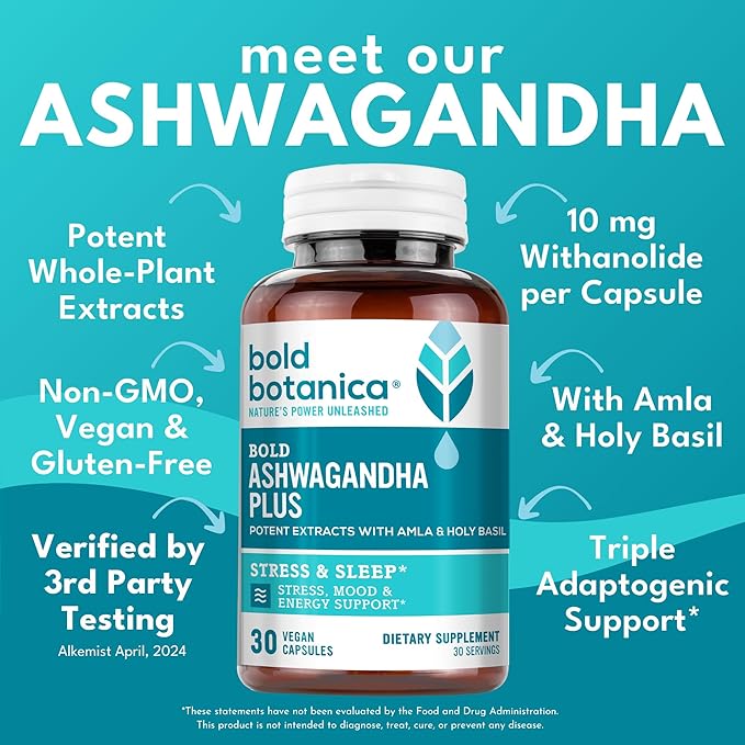 Bold Botanica Ashwagandha Plus – Ashwagandha Supplement for Women &amp Men – Stress Mood Memory &amp Energy Support – Triple Adaptogenic Formula with Amla &amp Holy Basil 1 Capsule Daily – 30 Ve
