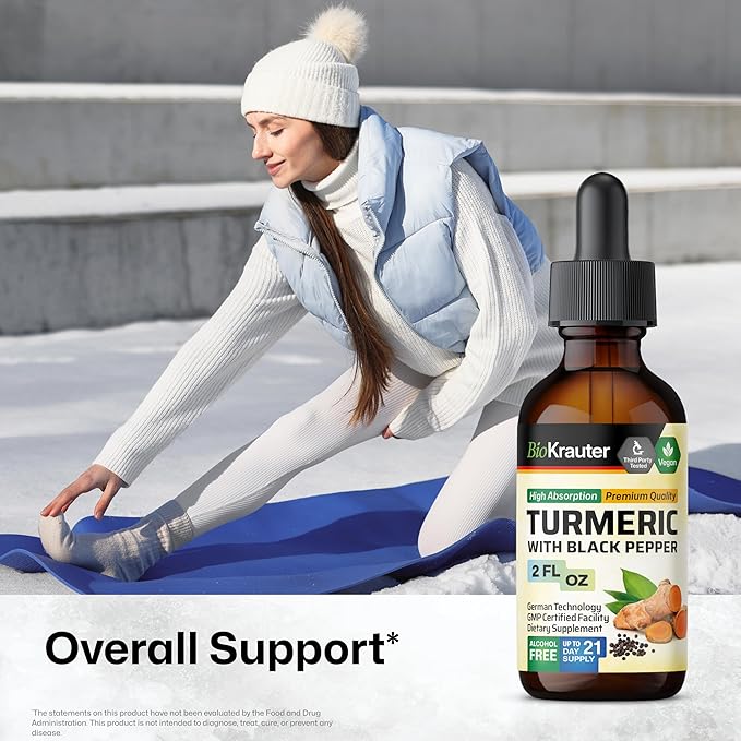 BIO KRAUTER® Turmeric Supplement for Joint Support - Pure Vegan Curcumin with Black Pepper 2 Fl.Oz 28 Days of Supply - Curcumin Drops 1200 mg for Antioxidant &amp Immune Support - Alcohol &amp Sugar