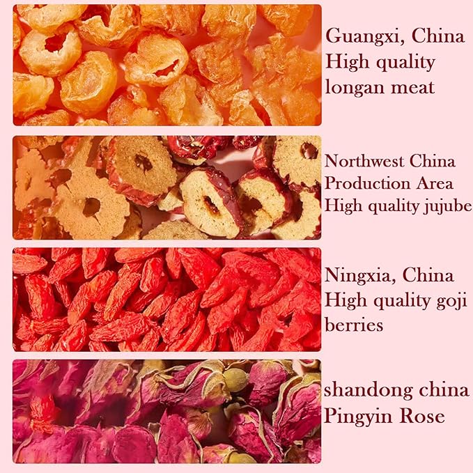 Longan Red Date Tea Rose Red Jujube Fruit Goji Berry Tea Bags Women's Five Treasures Tea Date Longan Goji Berry Roses Wolfberry Flower Chinese Herbal Fruit No addition Caffeine Free 桂圆红枣枸杞茶 玫瑰红枣茶 160g