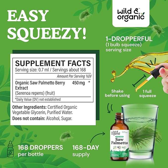 Wild &amp Organic Saw Palmetto for Men &amp Women - Urinary Tract &amp Hair Support - Saw Palmetto Extract Liquid Drops - Add to Tea - Serenoa Repens Berries Supplement - Vegan Sugar &amp Alcohol