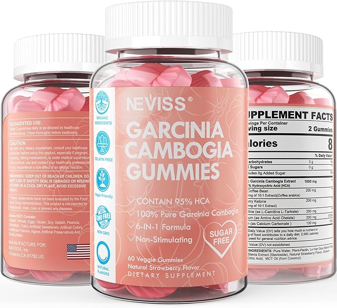 Sugar Free Garcinia Cambogia Gummies 1000mg 95% HCA Pure Extract with L-Carnitine Raspberry Ketone Chromium Green Coffee Bean for Metabolism 100% Organic Extract Vegan Strawberry Flavor 60 Cts