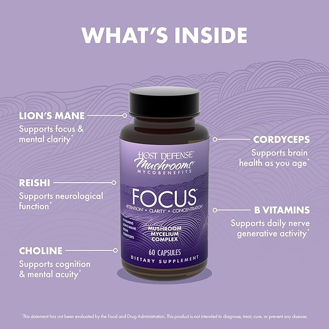 Host Defense MycoBenefits Focus Capsules - Mushroom Supplement for Brain Health Support - Neurological Function Aid for Adults - Includes Lion's Mane Reishi &amp B Vitamins - 60 Capsules (30 Serving