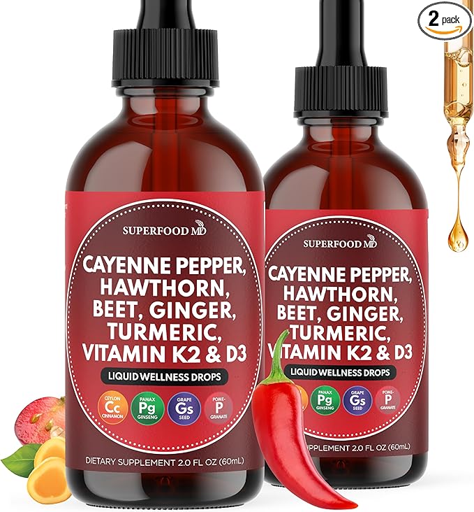 Cayenne Pepper Supplement Liquid Drops + Hawthorn Berry Vitamin D3 K2 Beet Root Powder Ceylon Cinnamon Turmeric Curcumin Organic Panax Ginseng - 4 OZ