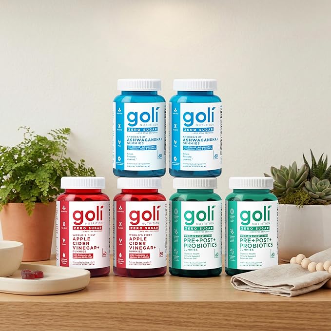 Goli Zero Sugar 6 Pack Bundle - World's First 3-in-1 Pre Post Probiotic Apple Cider Vinegar with Vitamin B12 and Probiotics to Address Bloating Ashwagandha &amp L-Theanine Vitamin D Gummies