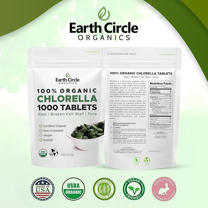 Organic Chlorella Tablets 1000 Count | High Potency Chlorophyll Supplement | Pure Chlorella Pyrenoidosa | Broken Cell Wall for Maximum Absorption | Vegan Kosher Non-GMO Superfood - Pack of 2