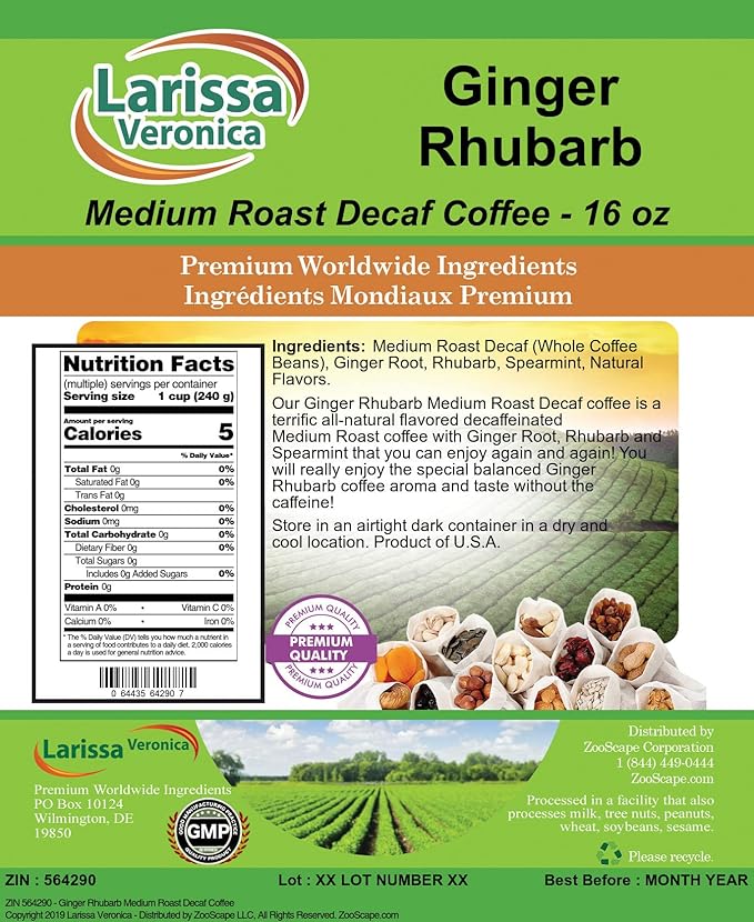 Ginger Rhubarb Medium Roast Decaf Coffee (Gourmet Naturally Flavored Whole Coffee Beans) (16 oz ZIN: 564290) - 3 Pack