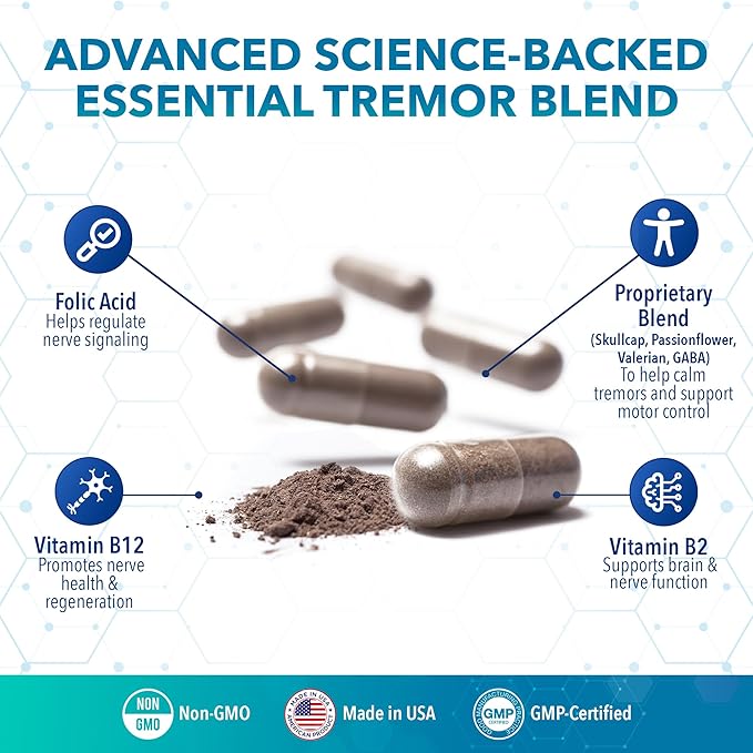 Tremanol Natural Aid Essential Tremor Relief Herbal Supplement for Neurological Support - Includes Vitamin B2 &amp B12 Passionflower &amp Skullcap for Hand Tremor Aids - Made in USA 60 Caps