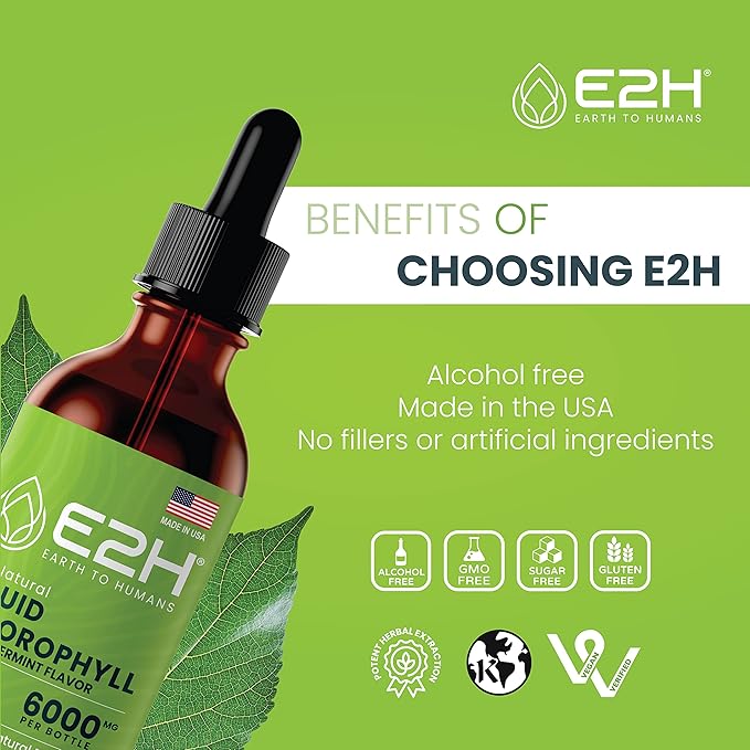 E2H Chlorophyll Liquid Drops - Natural Energy Booster Immune System Support and Internal Deodorant - Peppermint Flavor - (3 Bottles)