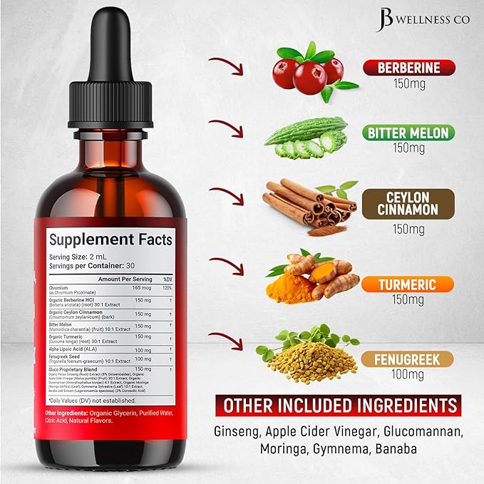 Berberine with Ceylon Cinnamon Supplement Liquid Drops + Bitter Melon Extract Glucomannan Gymnema Chromium Turmeric Panax Ginseng Moringa- 4 OZ