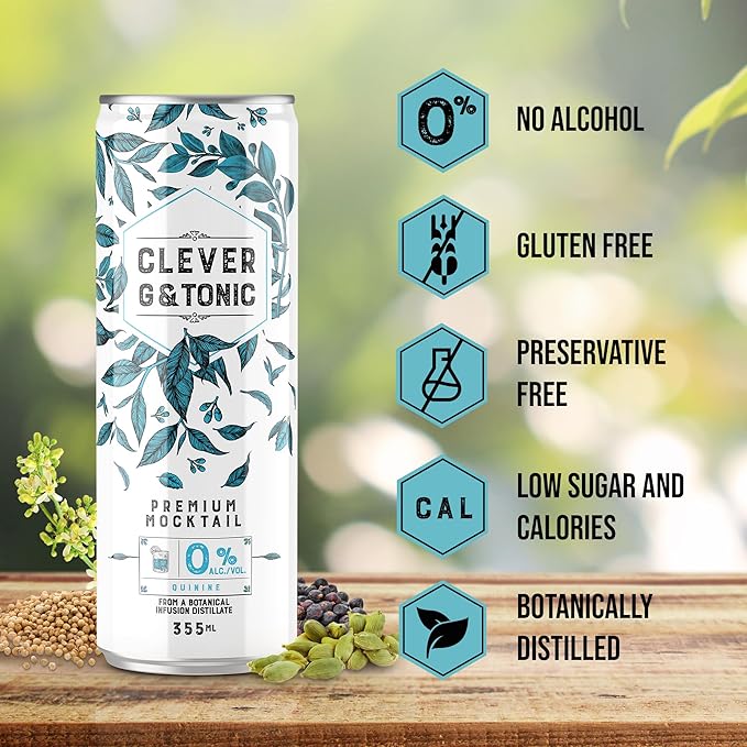 CLEVER - G &amp Tonic Nonalcoholic Mocktails for Any Occasion Refreshing Beverages Inspired by Gin &amp Tonic Low-Calorie Mocktails Non-alcoholic Drinks with 80 Calories Pack of 12 (12 oz Ea)