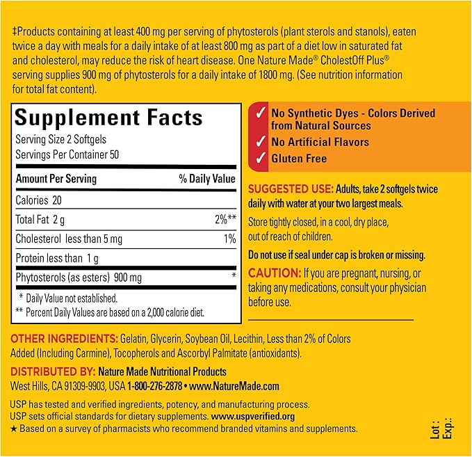 Nature Made CholestOff Plus Dietary Supplement for Heart Health Support 100 Softgels 25 Day Supply