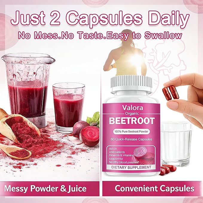 Valora Beetroot Powder Organic Beet Root Powder 1300mg Beet Root Powder Natural &amp Vegan Supplement 60 Capsules 30-Day Supply (60 Count (Pack of 1))