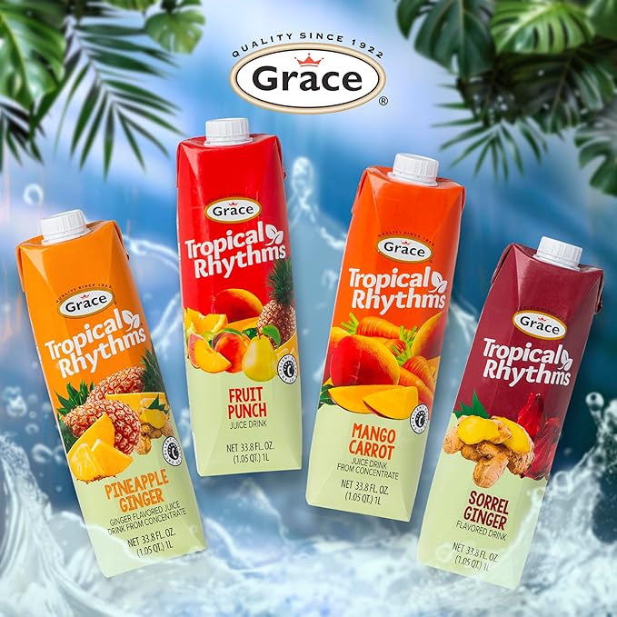 Grace Tropical Rhythms Fruit Punch Jamaican Juice 1 Liter (33.8oz)- 3 Cartons - Authentic Jamaican Drink