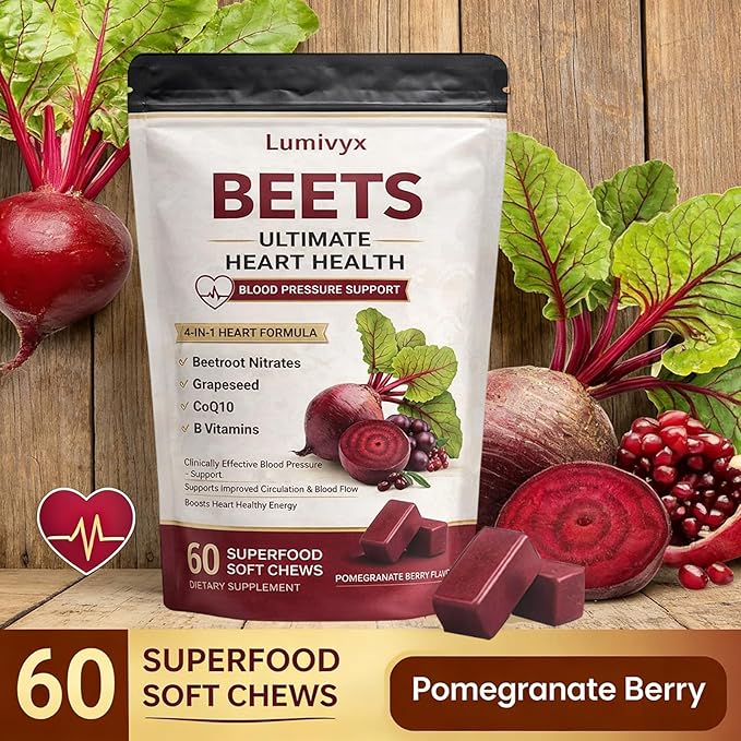Beet Chews – Premium Beetroot Grape Seed &amp CoQ10 Functional Chews – Natural Pomegranate Berry Flavor Supports Healthy Circulation &amp Everyday Energy Non-GMO Gelatin-Free (60 Count)