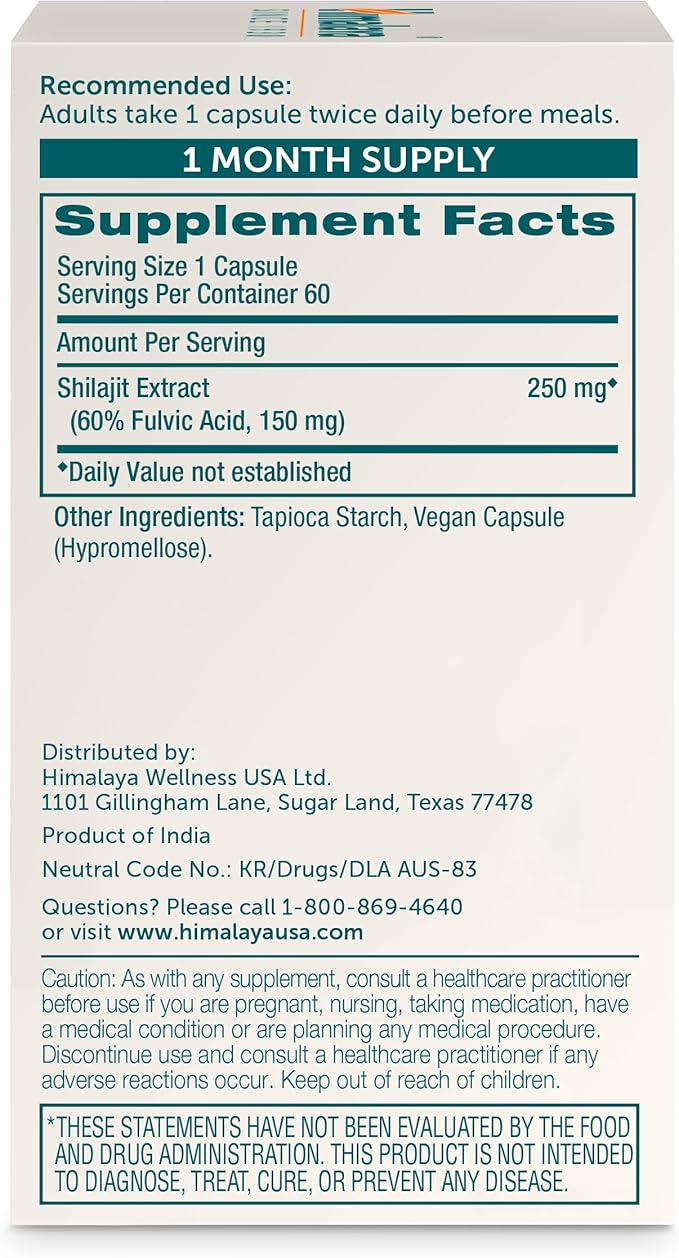 Himalaya Shilajit - Herbal Energy Supplements with Fulvic Acid and 85+ Trace Minerals from Shilajit Resin Vegan Non-GMO Gluten Free 250 mg 60 Capsules