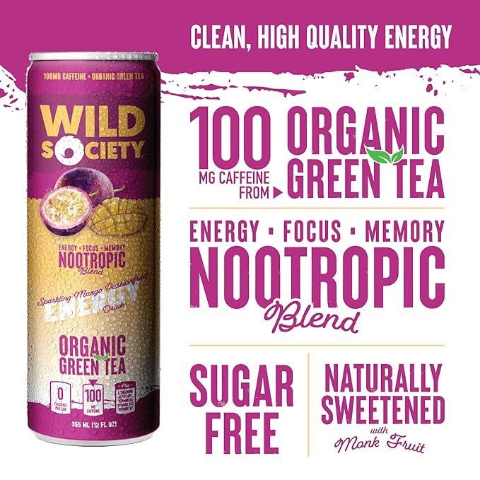 Wild Society Natural Energy Drink + Nootropics (12 pack) - 100mg Organic Caffeine from Green Tea - Zero Sugar &amp Zero Calories - Monk Fruit Sweetened - Clean Ingredients - Fuel Mind - Mango Passion