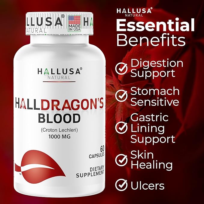 Dragon’s Blood Capsules 1000mg Croton Lechleri Extract (Sangre de Drago Sangre de Grado) Natural Digestion Support Skin Healing Ulcers Stomach Sensitivity Scarring Antioxidant Support 60 Count