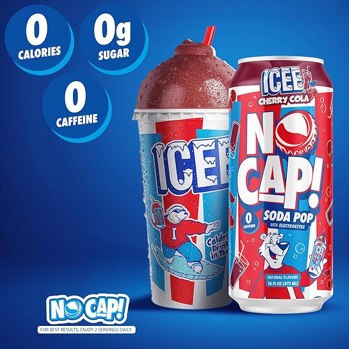 NO CAP! Next Gen Soda Pop Cherry Cola with Electrolytes for Hydration Zero Sugar Zero Calories Caffeine-Free Soda Vegan &amp Gluten-Free 16 oz Cans (12-Pack)
