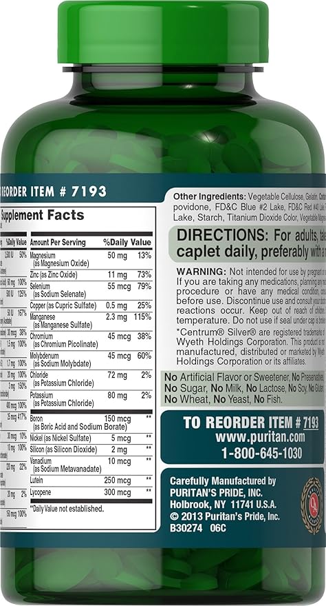 Puritan's Pride ABC Plus Senior Multivitamin Multi-mineral Caplets 240 Count