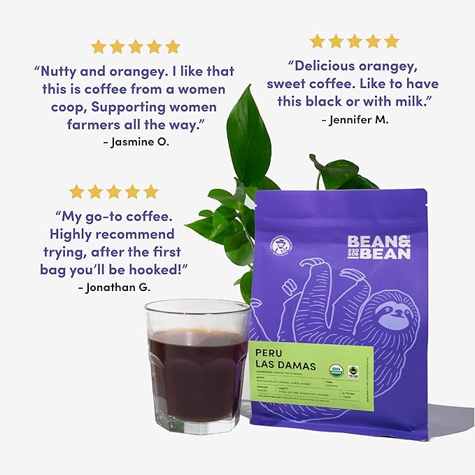Bean &amp Bean Peru Las Damas Single Origin Coffee – Peruvian Organic Whole Coffee Beans – Velvety Caramel Coffee – Fair Trade Peruvian Coffee - Sweet Smooth and Complex Whole Medium Roast 11oz