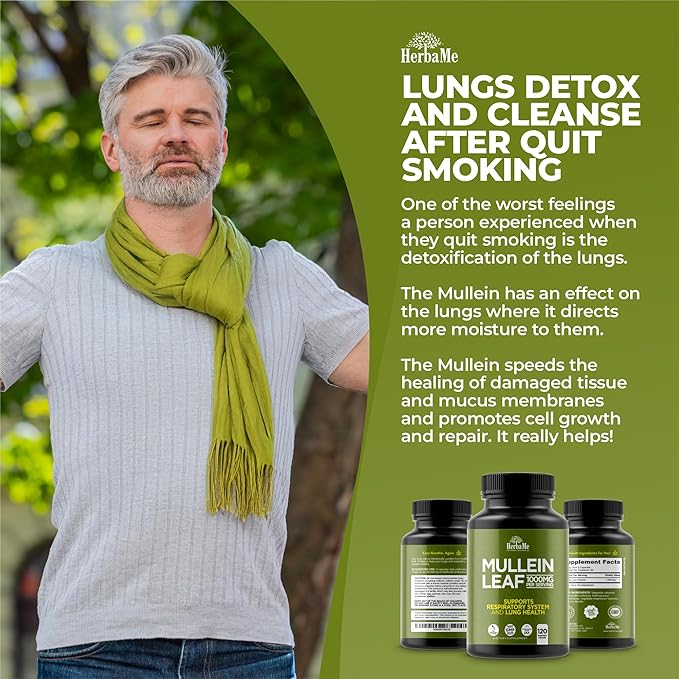 Mullein Leaf 1000mg 120 Capsules Lung Detox for Smokers Lung Cleanse Supplement Supports Respiratory Function Health Promotes Mucous Membranes | Ear Health Mucus Relief Herbal Pills