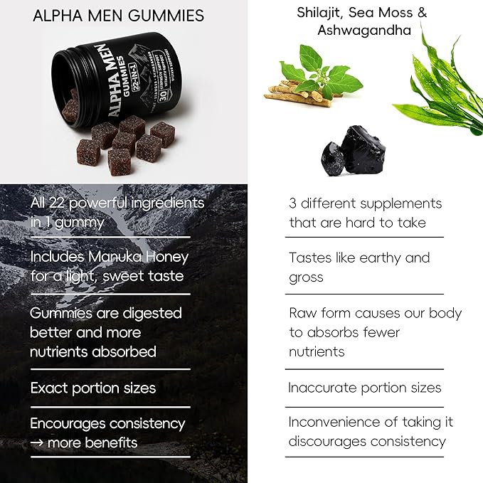 Alpha Gummies for Men with Shilajit Sea Moss Ashwagandha Manuka Honey + 22 in 1 Ingredients All Natural Support Overall Health &amp Wellness Advanced Formula 30 Gummies (1)