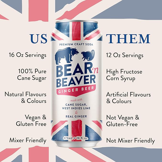 Bear 'n Beaver Premium Craft Ginger Beer Soda Soft Drinks Made with 100% Cane Sugar Real Ginger &amp Lime - Vegan &amp Gluten-Free - Bold Caffeine Free Flavor for Mocktails &amp Mixing - 12 Pack o