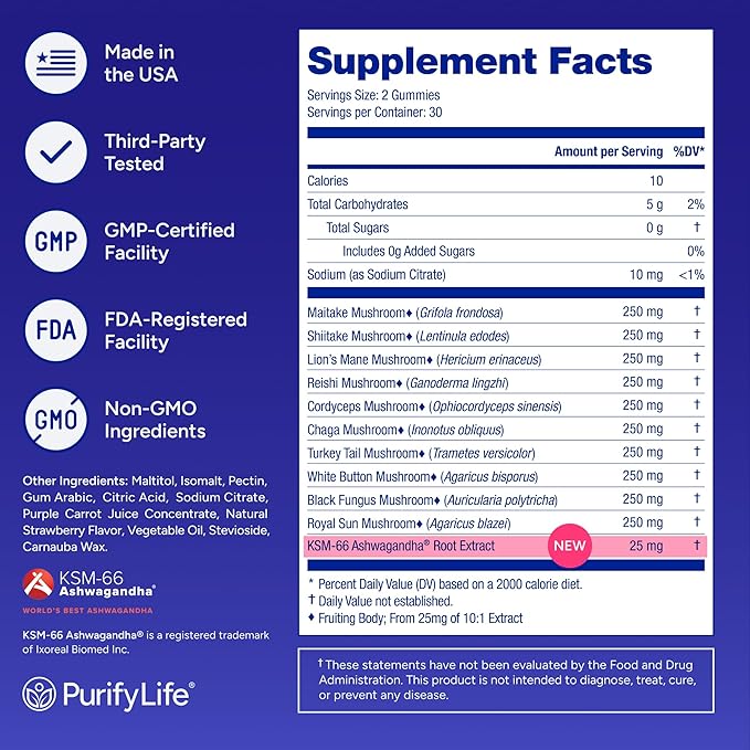 Sugar-Free Mushroom Gummies with KSM 66 Ashwagandha - Potent 10x Mushroom Supplement with Lions Mane Chaga Reishi Mushroom Complex Natural Stress Support Calm Gummies Nootropic Supplement