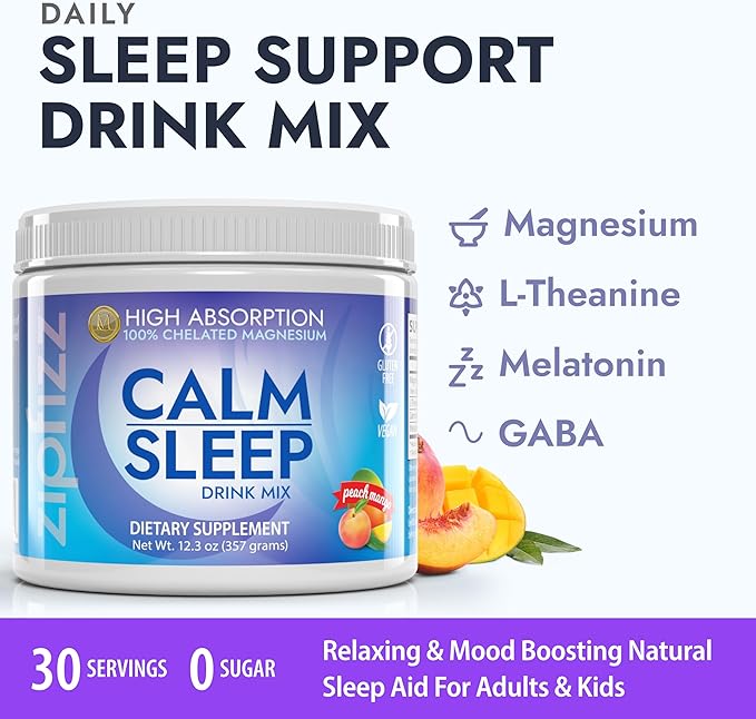 Zipfizz Nightly Calm &amp Sleep Supplement Powder Peach Mango 12.3 oz (30-60 Servings) | Natural Sleep Aid For Kids &amp Adults | Contains Magnesium Melatonin L-Theanine | Relaxation &amp Mood