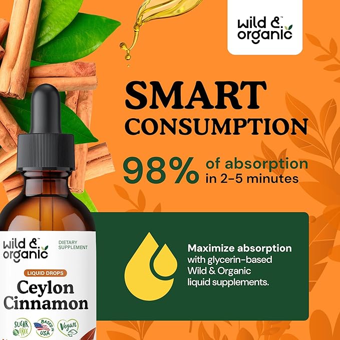 Wild &amp Organic Ceylon Cinnamon Extract Liquid Drops 500mg - Liquid Cinnamon Supplements for Overall Support - Cinnamomum Verum Bark Tincture - Vegan Sugar &amp Alcohol-Free Non-GMO - 2 fl oz