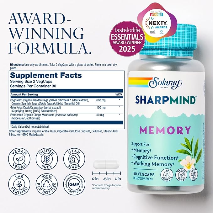 SOLARAY SharpMind Memory Formula - Brain Supplements for Memory and Focus - Cognivia Gotu Kola &amp Chaga Mushroom Supplement - Ginkgo Biloba Alternative - 60-Day Guarantee - 30 Servings 60 VegCaps