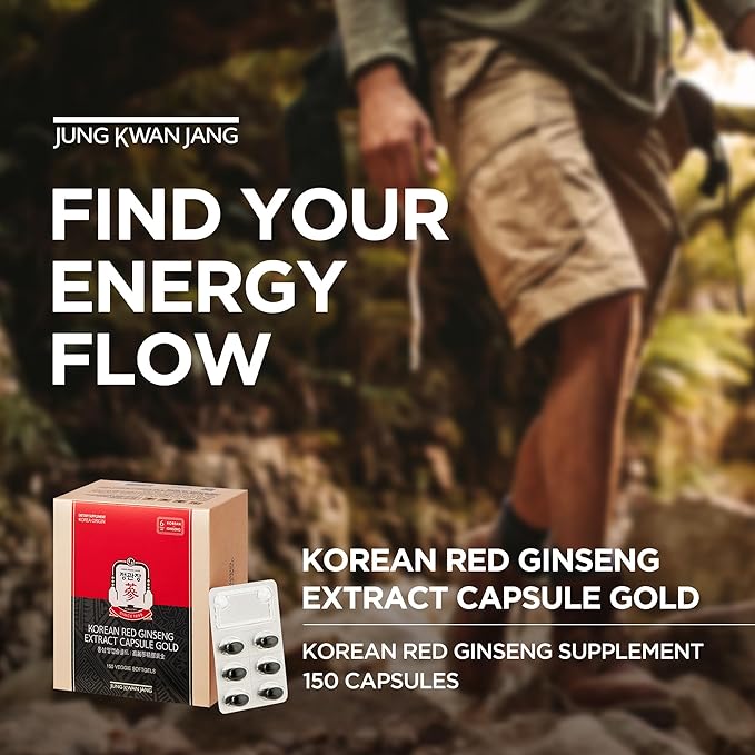 JUNG KWAN JANG Korean Red Ginseng Extract Capsule Gold - Vegan Energy Supplements - No Caffeine &amp Non-GMO (600mg 150 Capsules)
