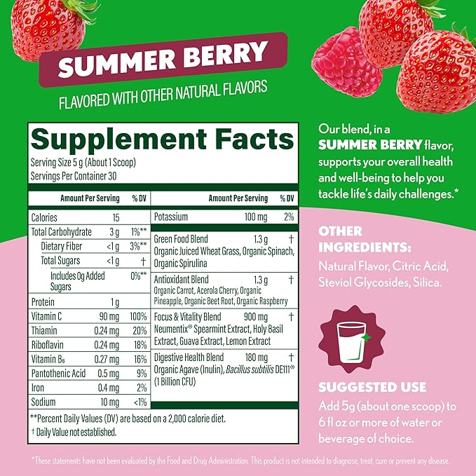 Amazing Grass Sweet Greens and Superfoods Powder for Digestive Health Greens Powder Digestive Enzymes Probiotics Spirulina Chlorella Summer Berry 30 Servings