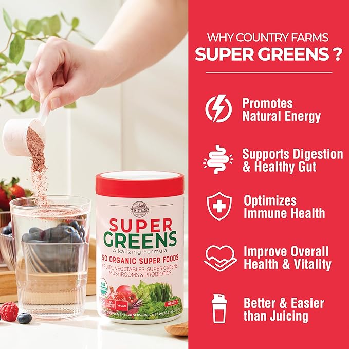 Country Farms Super Greens Berry Flavor 50 Organic Foods USDA Drink Mix Multicolor Multi 40 Servings 21 Oz 2 Pack