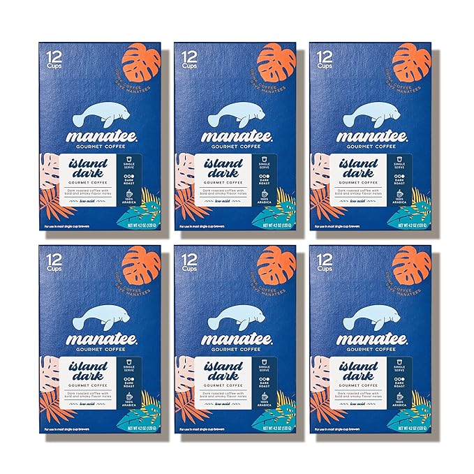Manatee Gourmet Coffee Single Serve Pods for Keurig 2.0 K Cup Brewers Island Dark Roast 12 Count Pack of 6