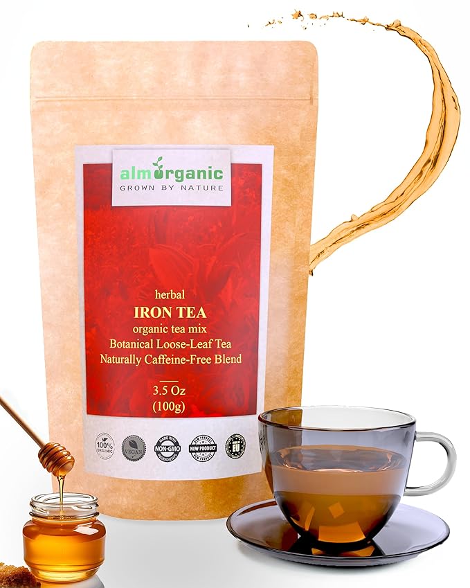 Herbal Tea - Natural Iron Supplement for Women Men and Kids - Loose Leaf Blood Builder Tea - Easy-to-Brew with Vitamin C Loose Leaf and Caffeine Free - Alm Organic 3.5 Oz (100g)