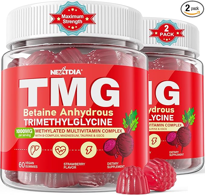 2Pack TMG Gummies 1000mg Betaine Anhydrous + Methylated Multivitamin &amp B Complex Methylated(Methylfolate B12 B6) Magnesium Taurine - Essential Trimethylglycine for Homocysteine Levels Brain En